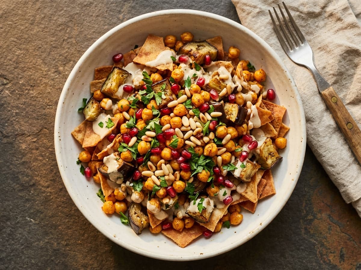 Aubergine Fatteh with Spiced Chickpeas - middle_eastern dinner recipe