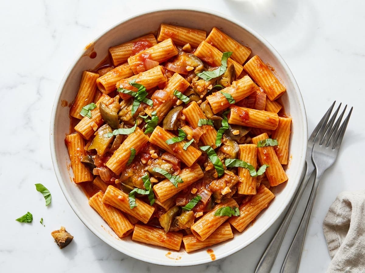 Aubergine Tomato Rigatoni - italian dinner recipe