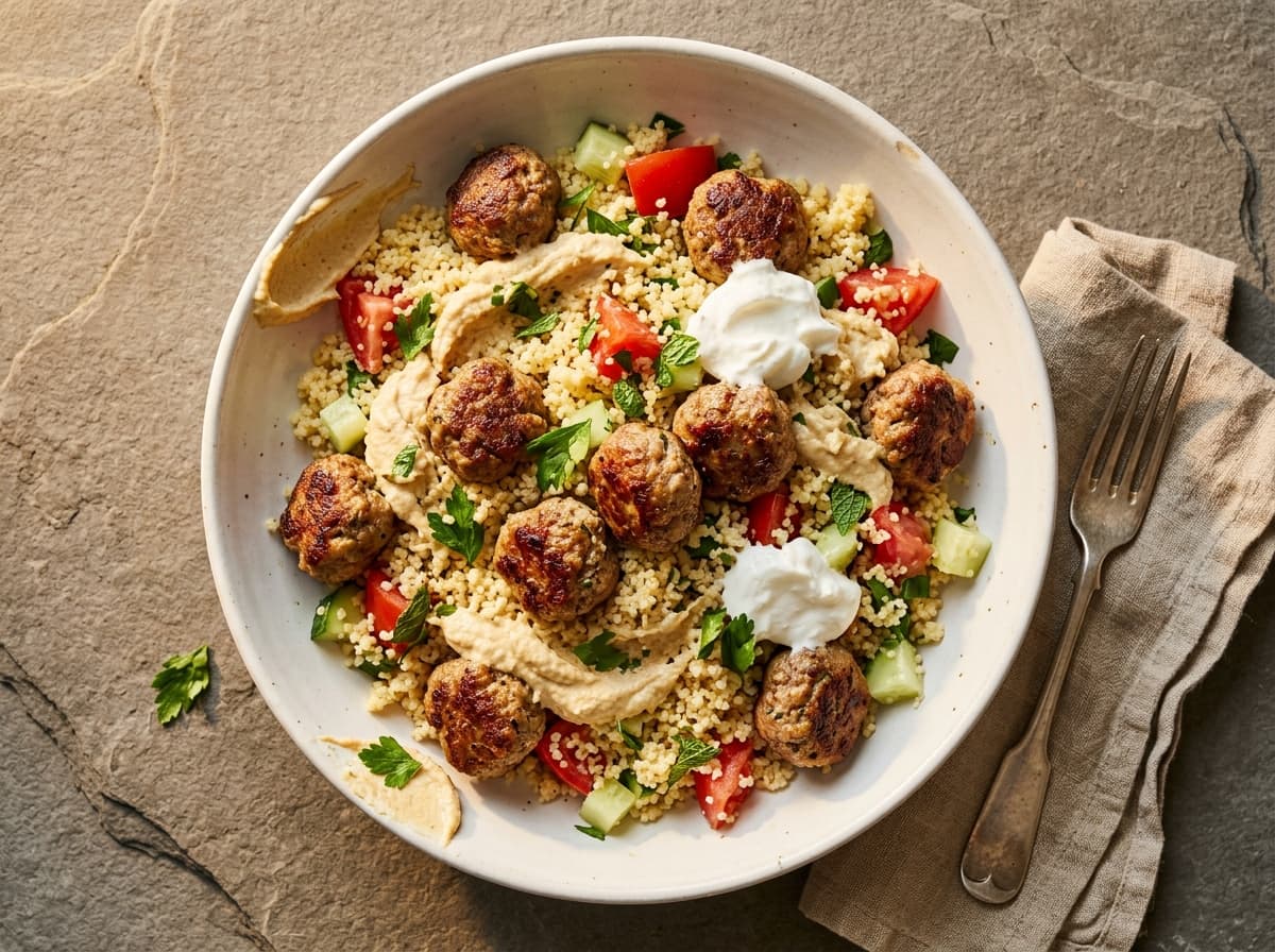 Beef Kofta & Hummus Couscous - middle_eastern dinner recipe