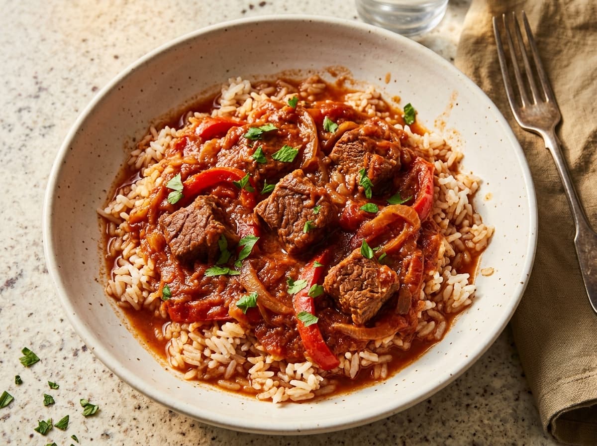 Beef & Red Pepper Stifado - mediterranean dinner recipe