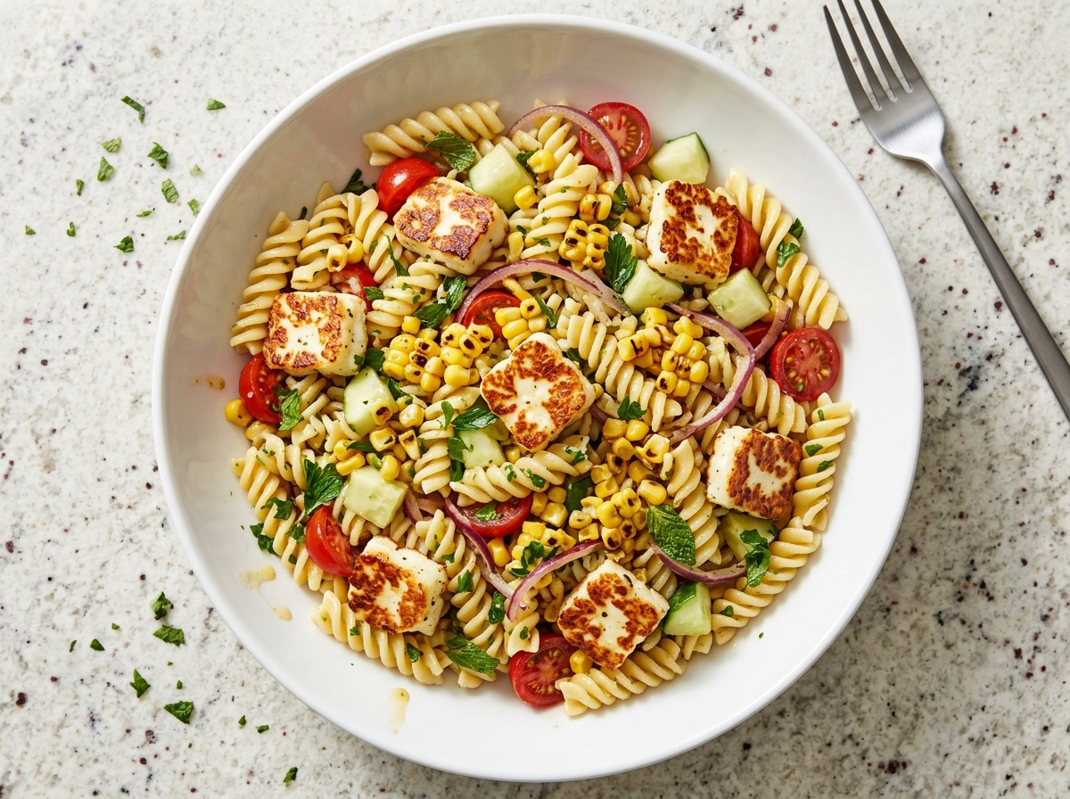 Charred Corn Halloumi Pasta Salad - mediterranean dinner recipe
