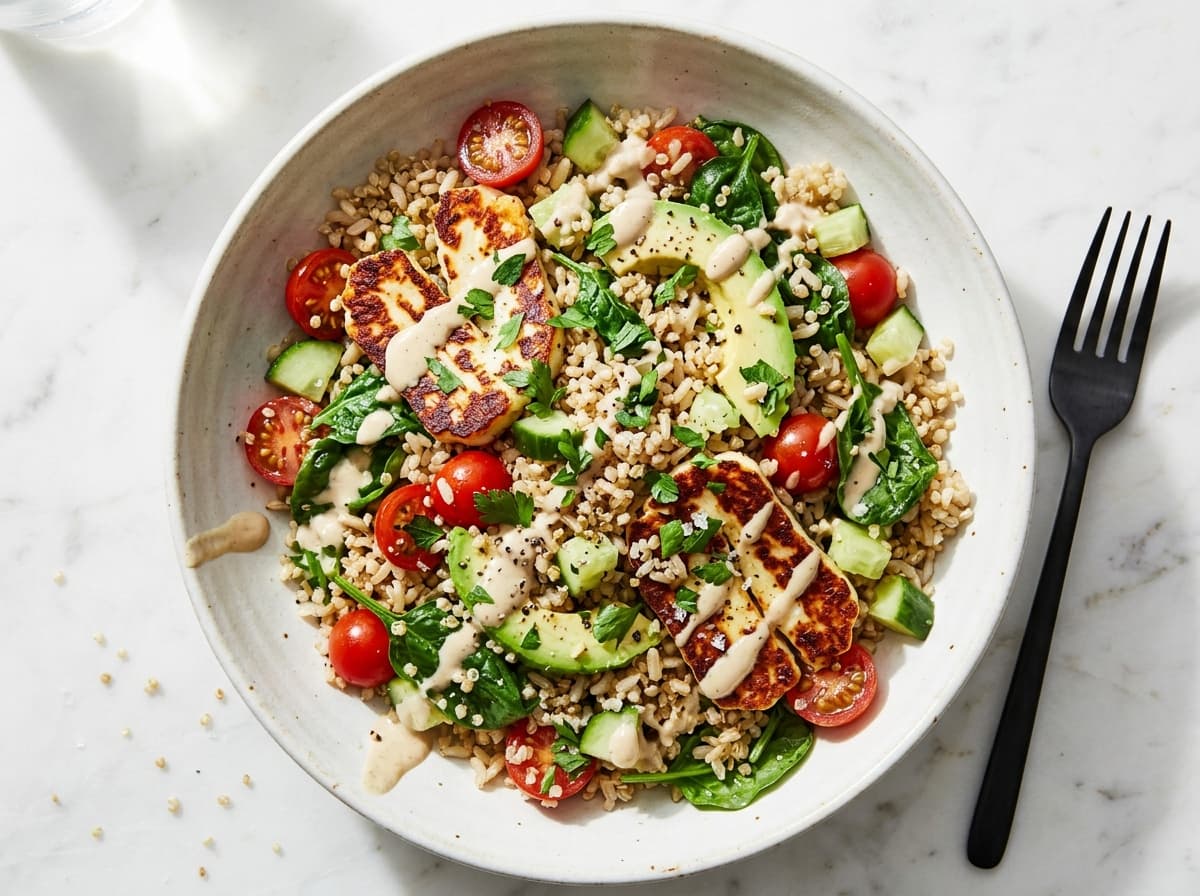 Charred Halloumi & Grain Bowl - mediterranean dinner recipe