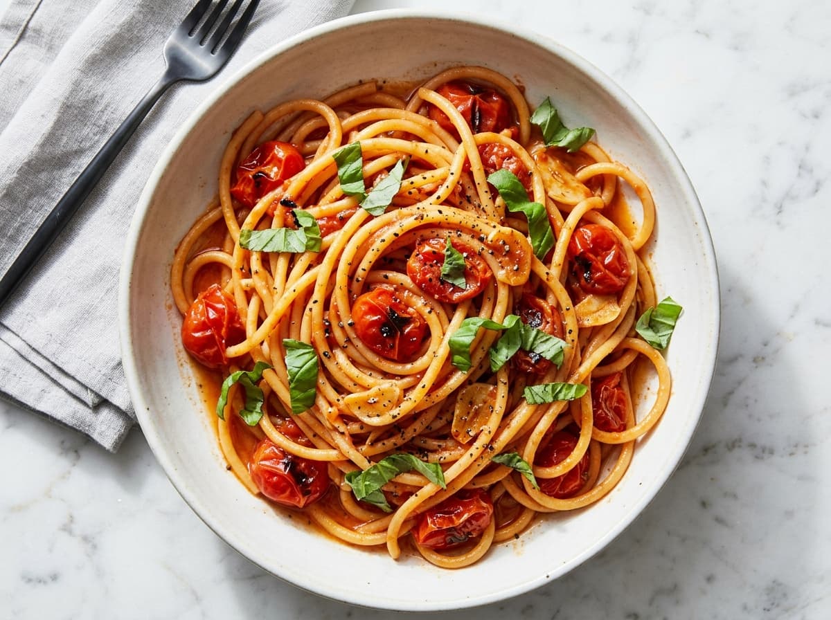 Charred Tomato & Basil Bucatini - italian dinner recipe