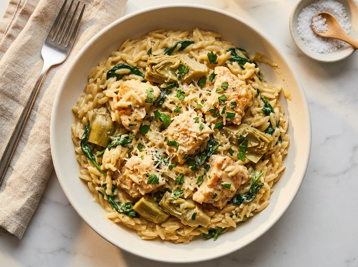 Chicken & Artichoke Orzo - mediterranean dinner recipe