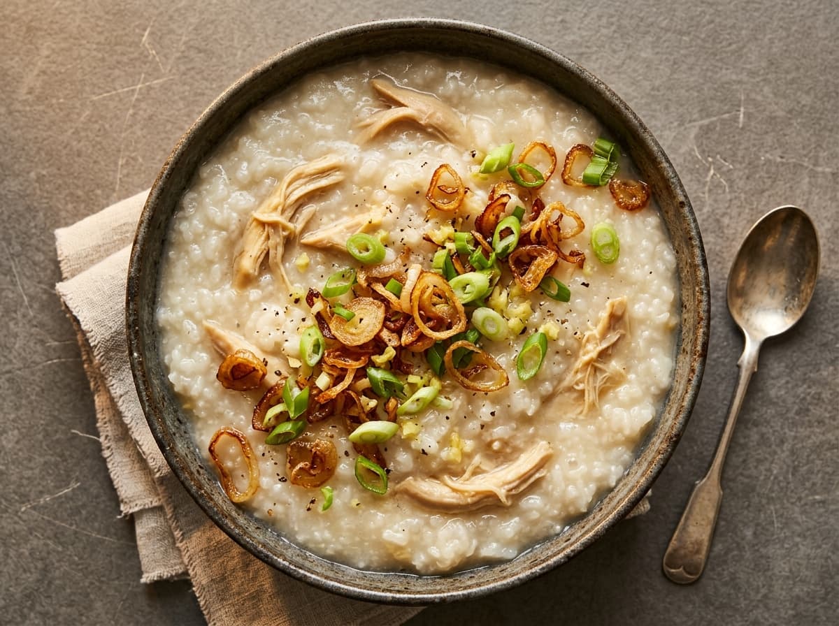 Chicken Congee with Crispy Shallots - chinese dinner recipe
