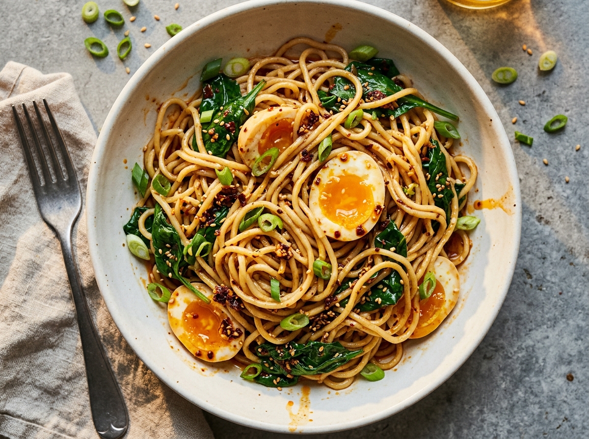 Chilli Crisp Noodles with Soft Egg - chinese dinner recipe
