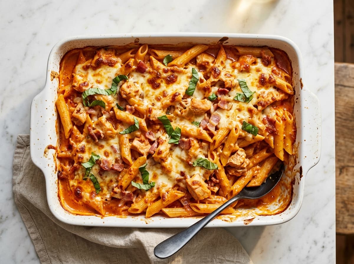 Creamy Chicken & Bacon Pasta Bake - italian dinner recipe