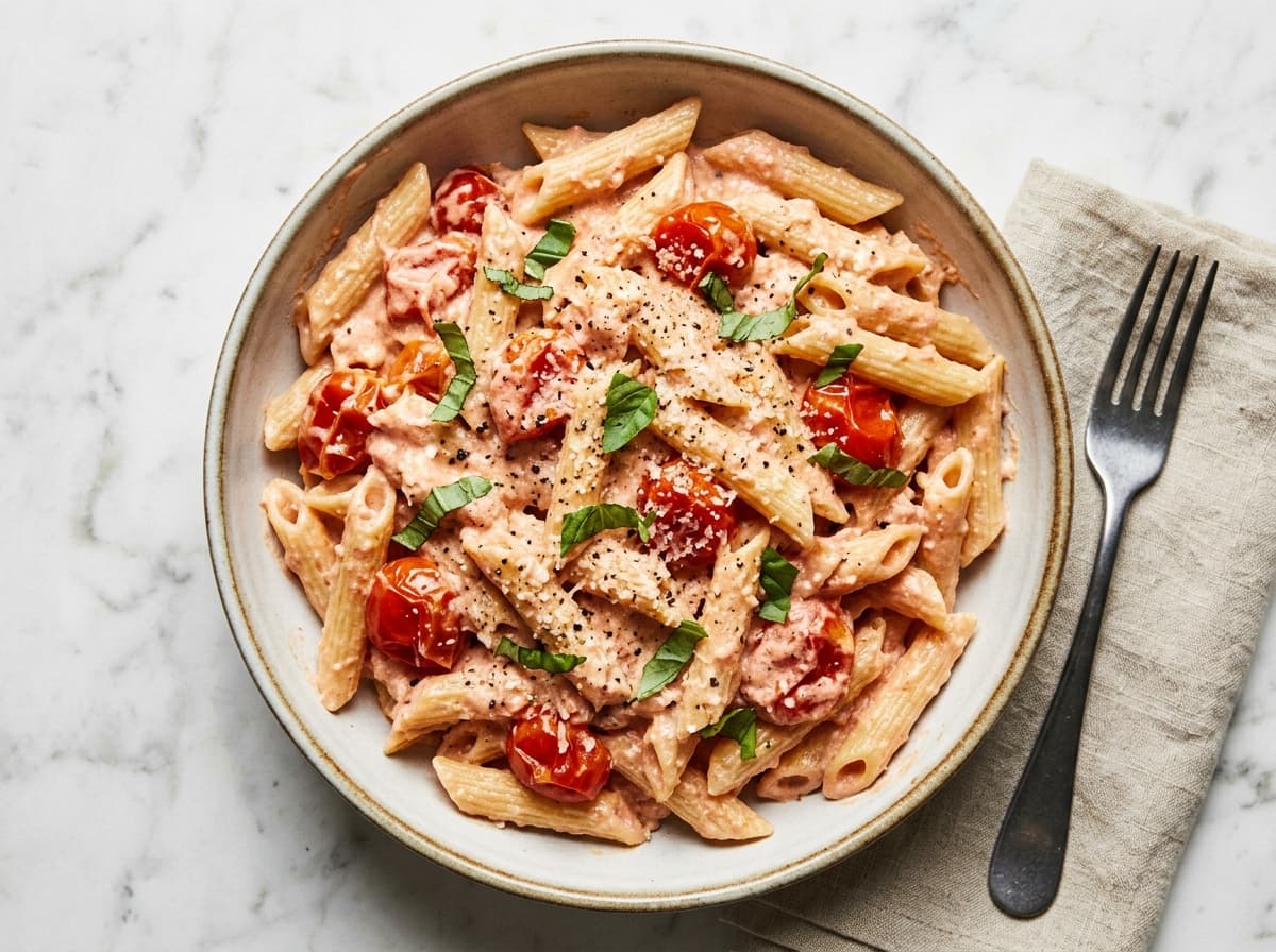 Creamy Cottage Cheese Pasta & Tomatoes - italian dinner recipe