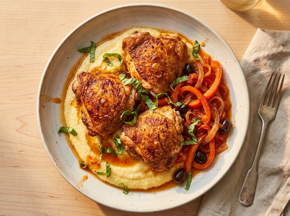 Crispy Chicken Thighs & Pepperonata - italian dinner recipe