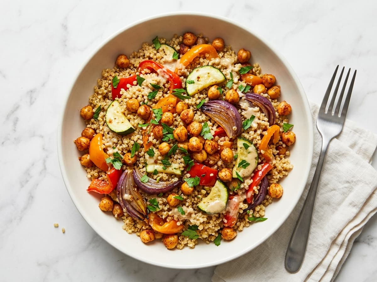 Crispy Chickpea & Roasted Veg Bowl - mediterranean dinner recipe