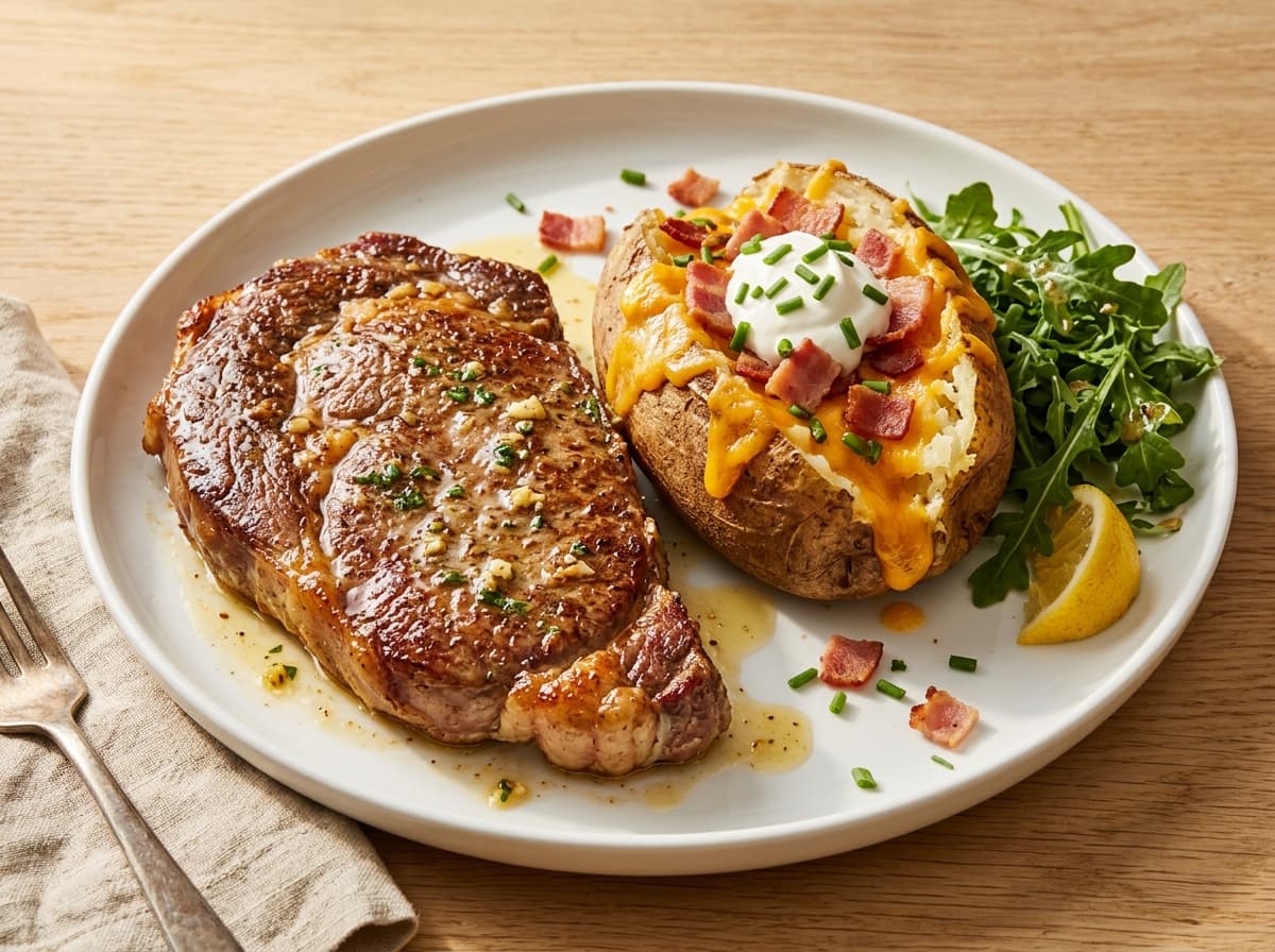Garlic Butter Steak & Loaded Potato - american dinner recipe