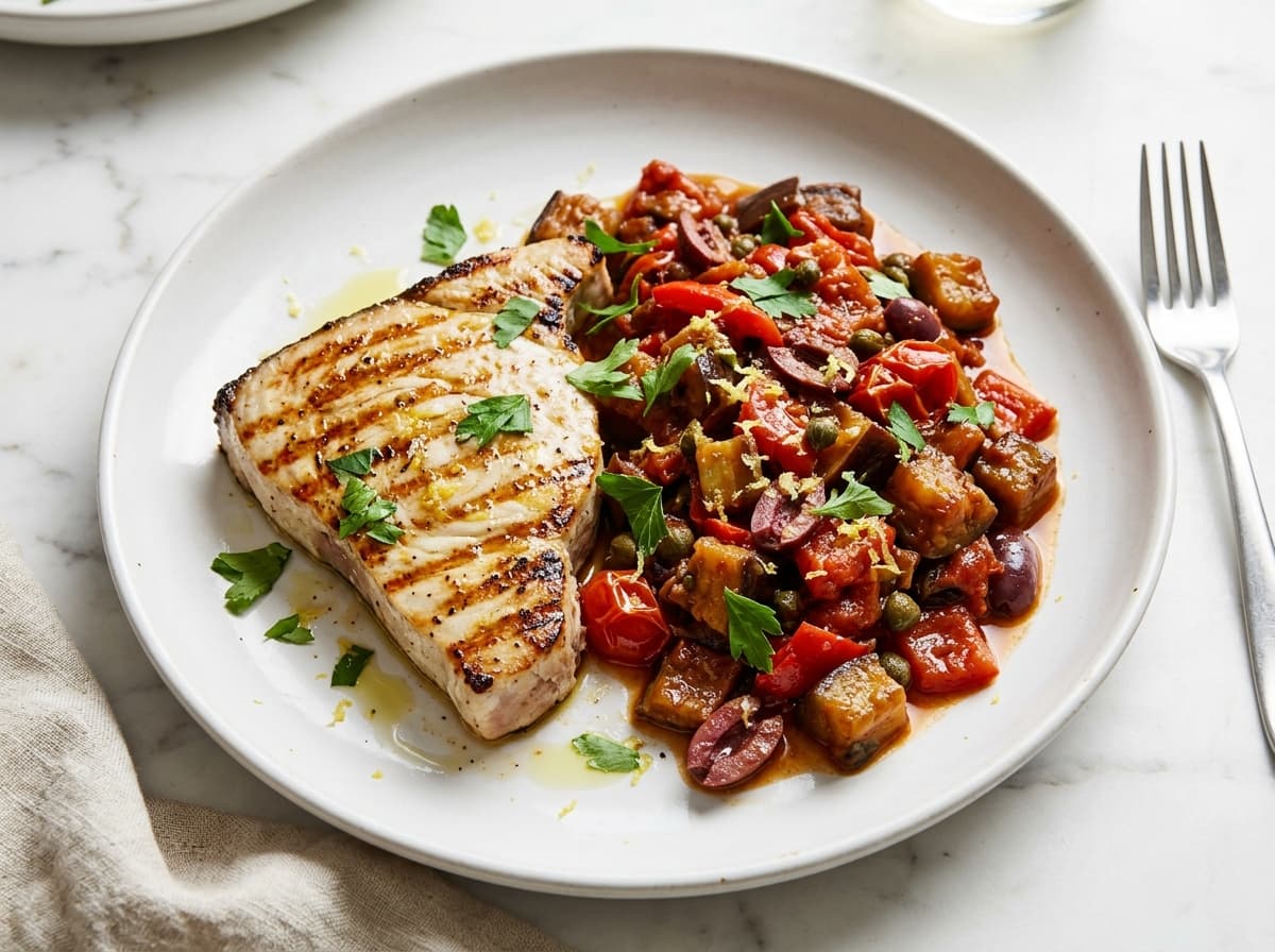 Grilled Swordfish & Caponata - mediterranean dinner recipe