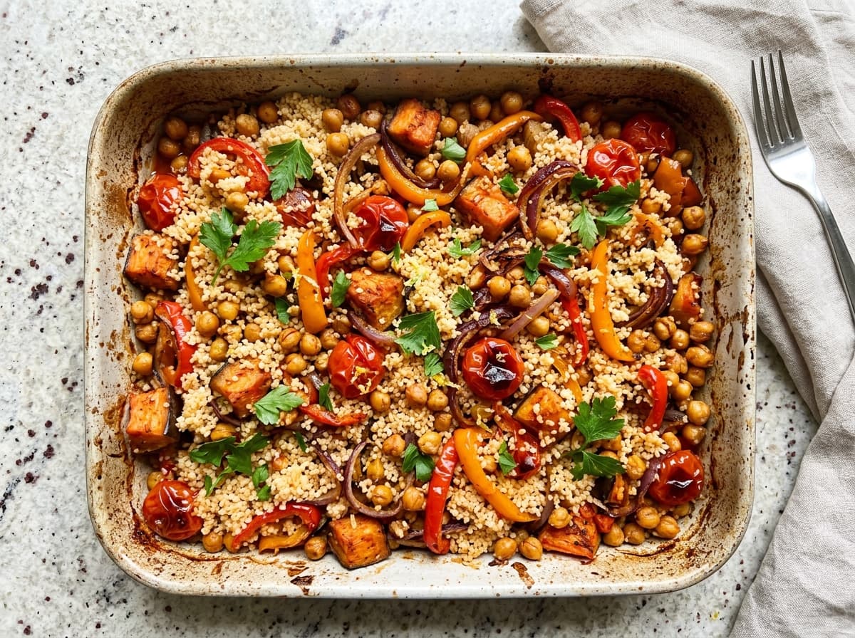 Harissa Aubergine & Chickpea Traybake - mediterranean dinner recipe