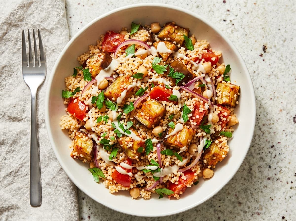 Harissa Aubergine & Couscous - mediterranean dinner recipe