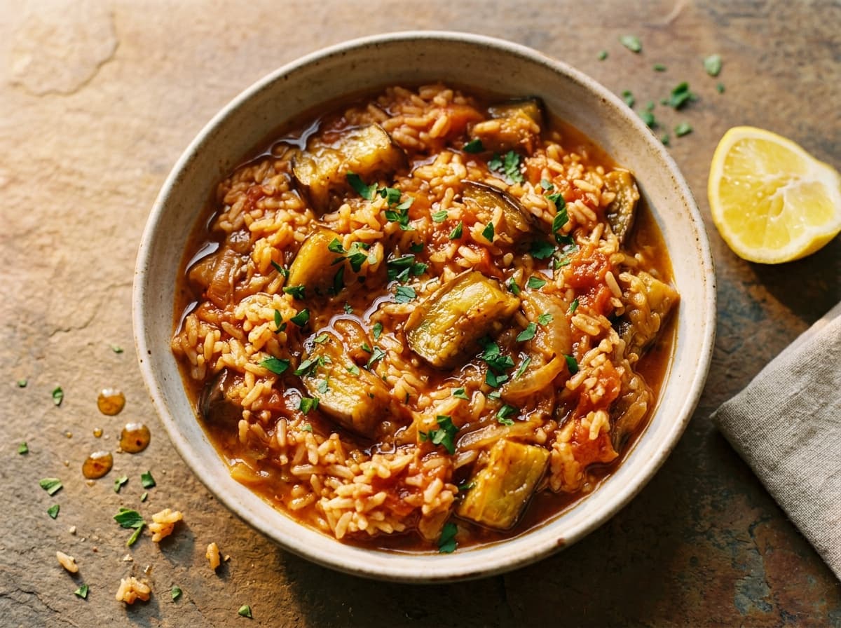 Harissa Aubergine Rice - middle_eastern dinner recipe