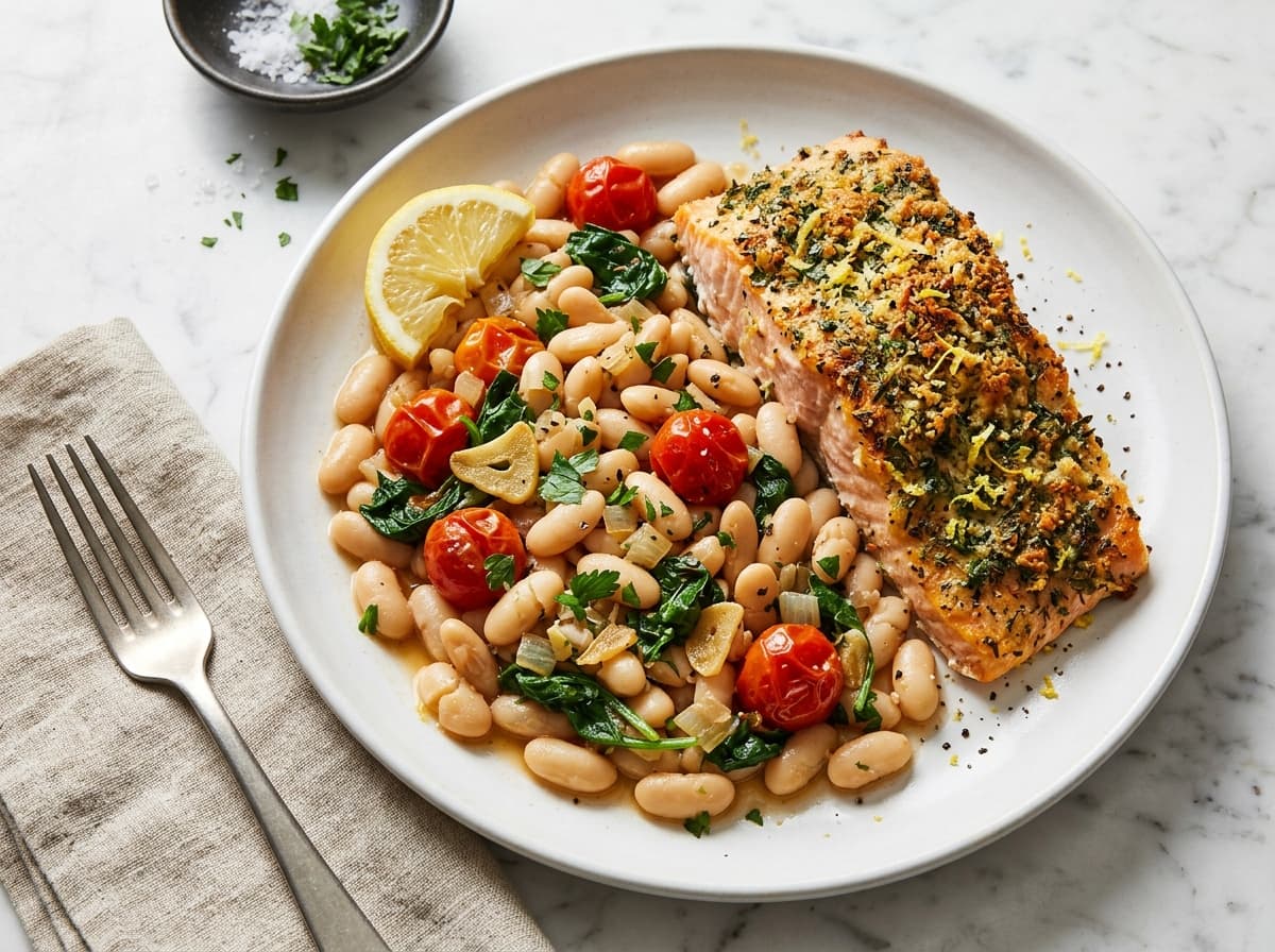 Herb-Crusted Salmon & Cannellini Beans