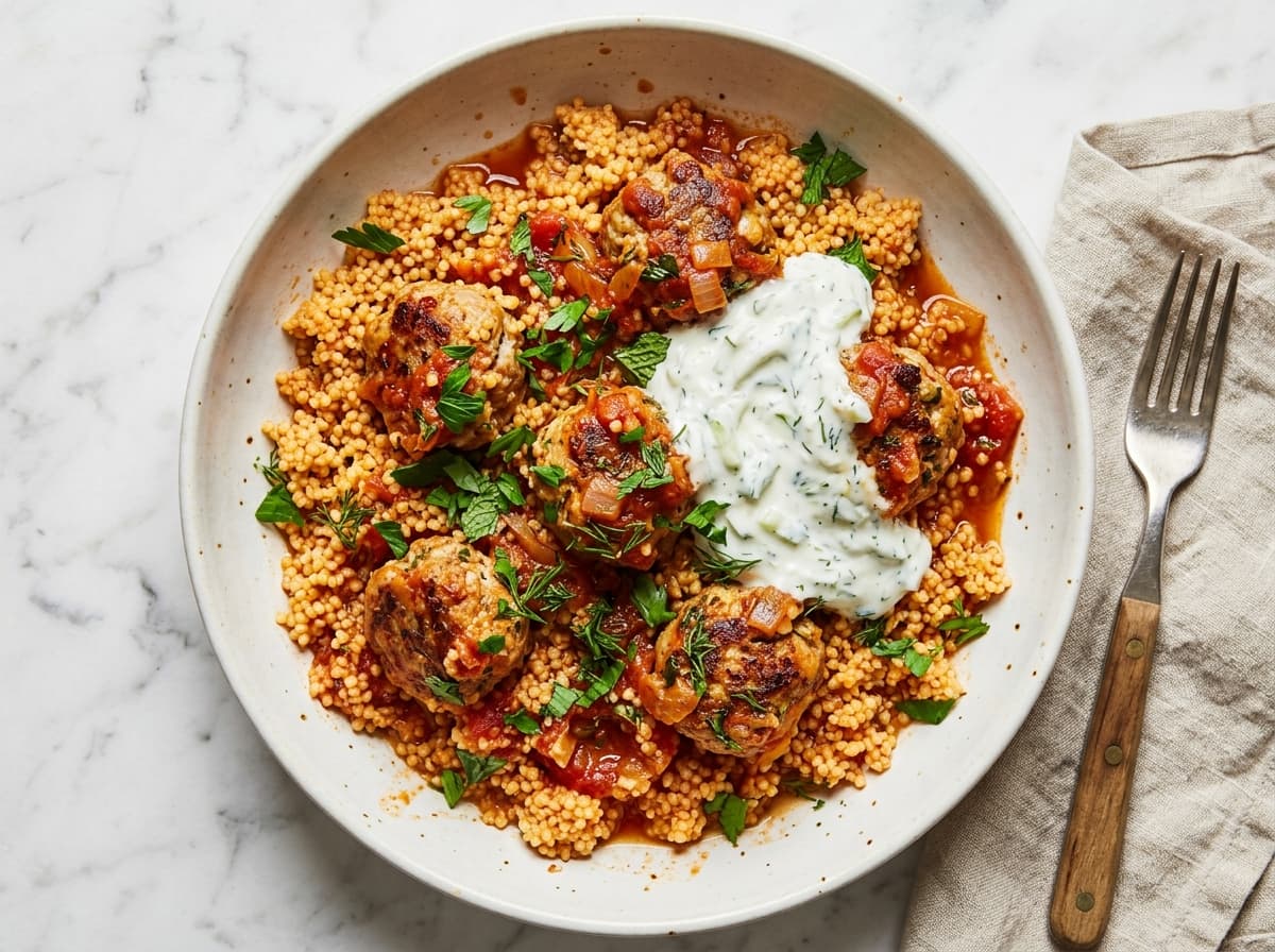 Herby Lamb Meatballs & Couscous - greek dinner recipe