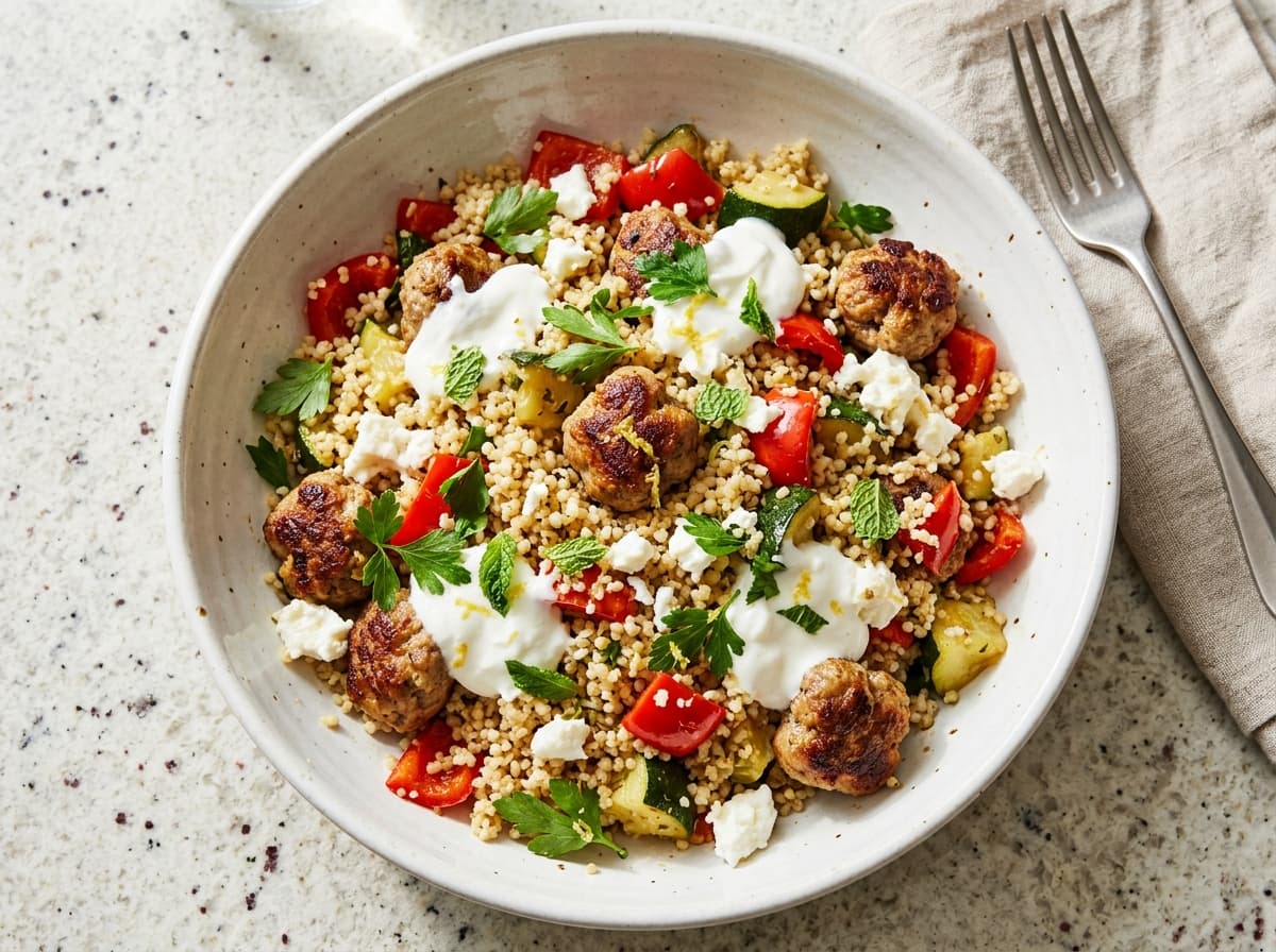 Lamb Feta Meatballs & Couscous - greek dinner recipe