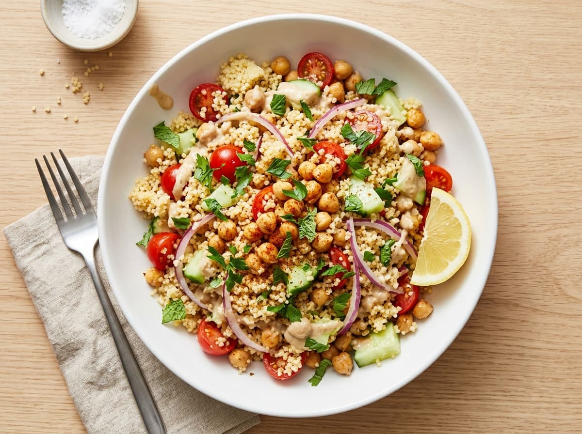 Lemon Herb Chickpea Couscous Bowl - mediterranean dinner recipe