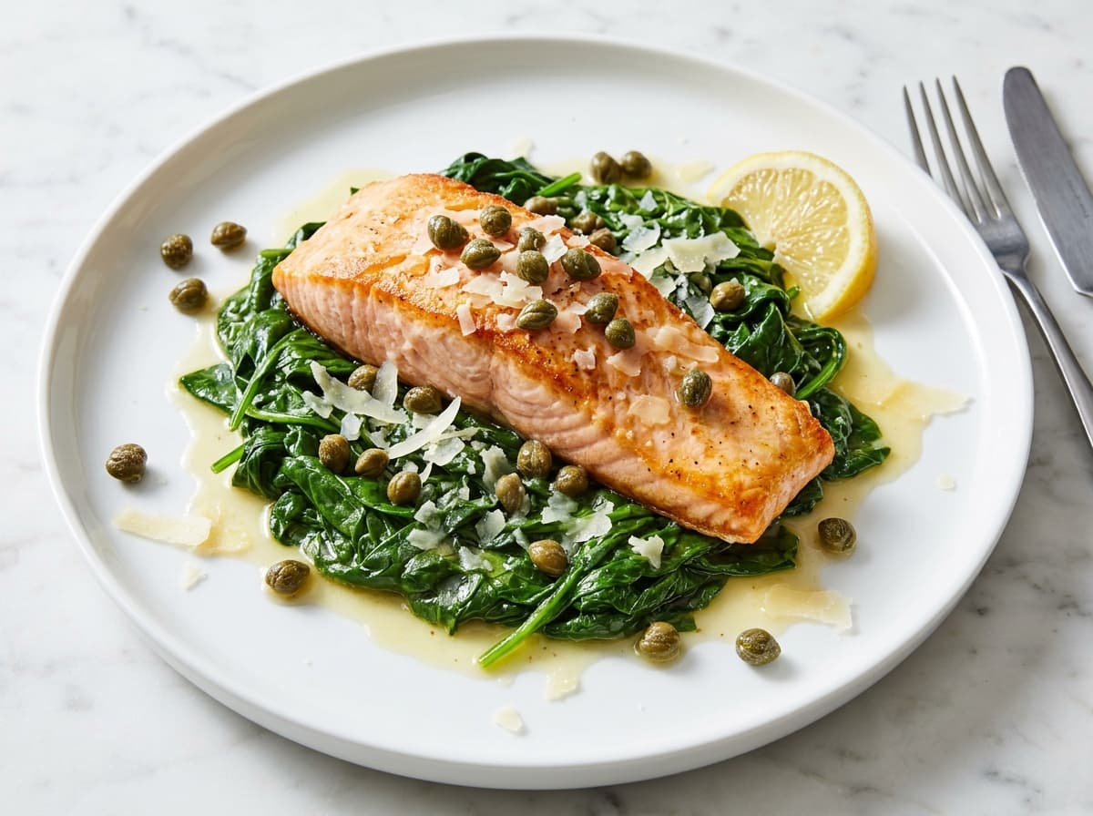 Lemon Salmon & Crispy Capers Greens - italian dinner recipe