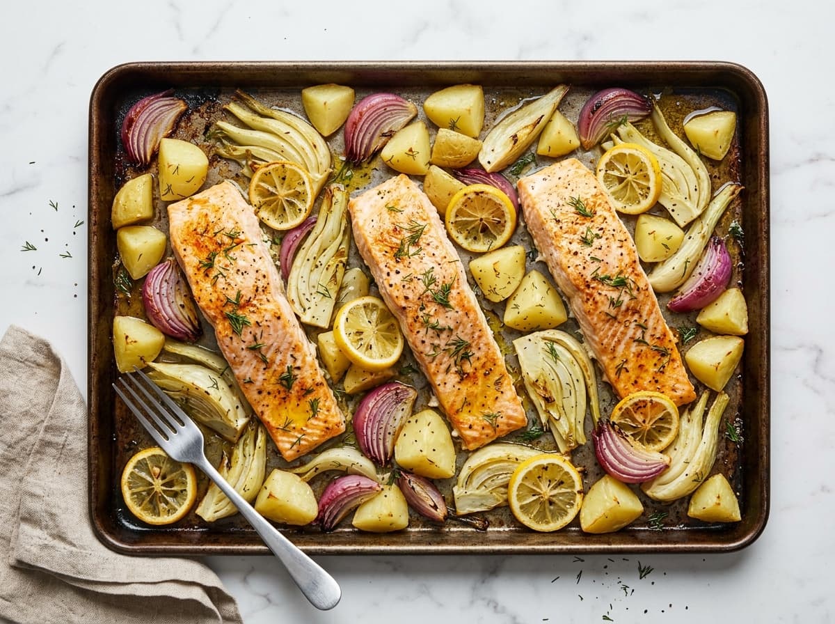 Lemon Salmon & Fennel Traybake - mediterranean dinner recipe