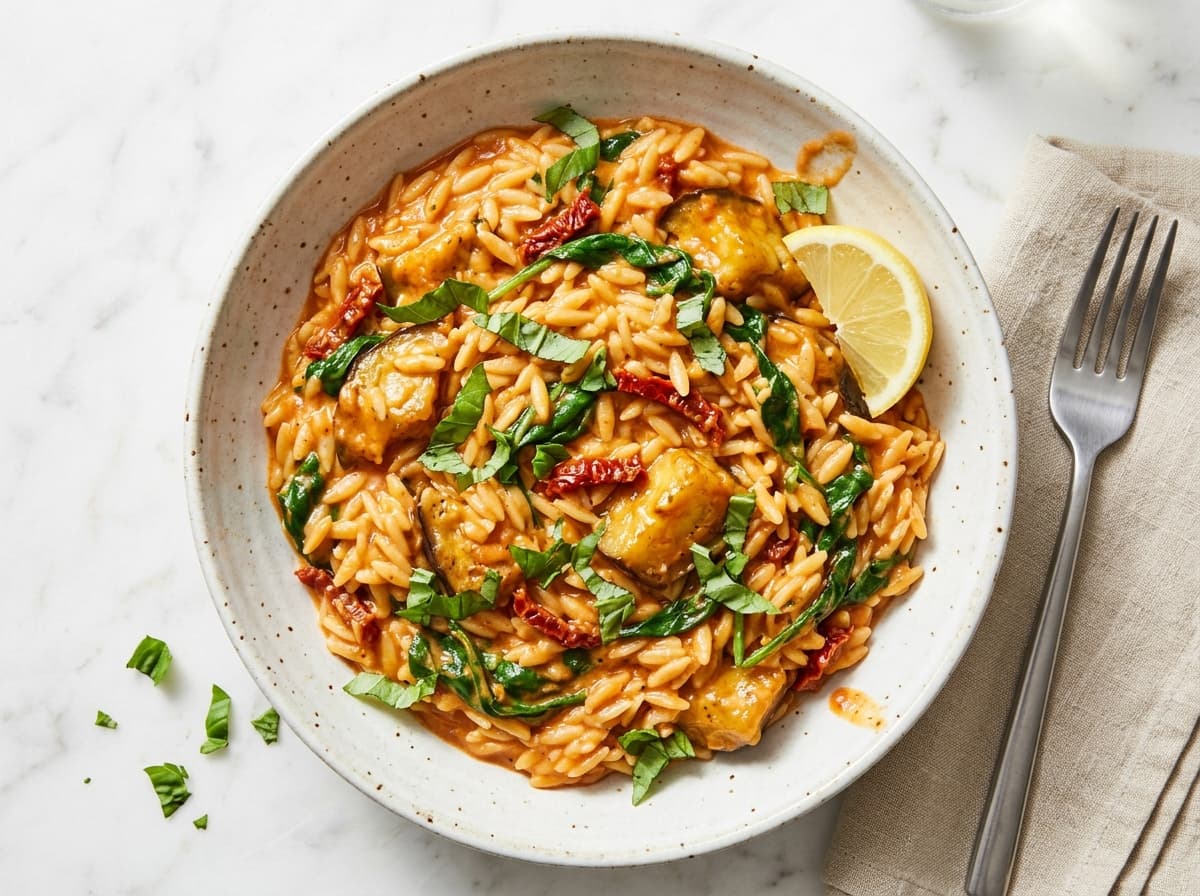 Marry Me Aubergine Orzo - mediterranean dinner recipe