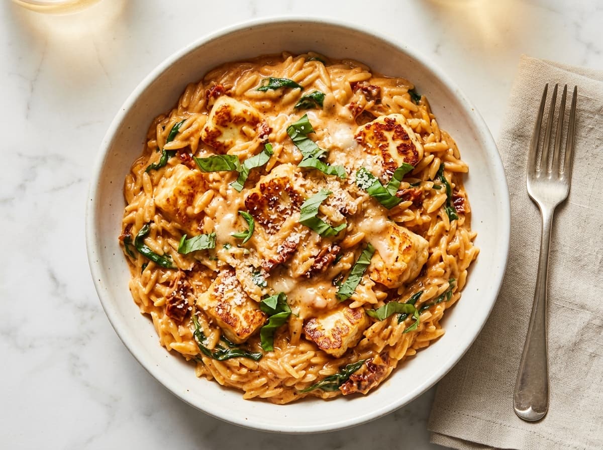 Marry Me Halloumi Orzo - mediterranean dinner recipe