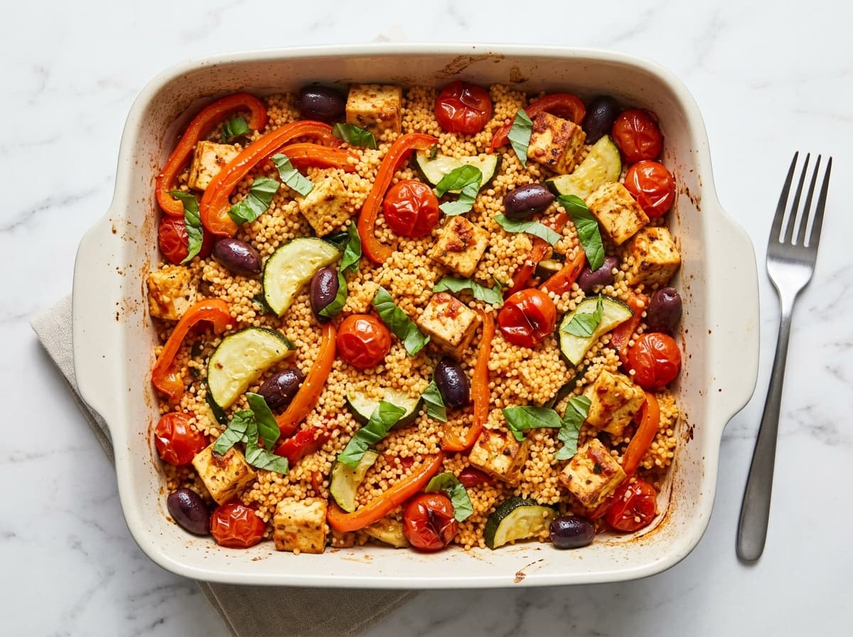 Mediterranean Tofu Couscous Traybake - italian dinner recipe
