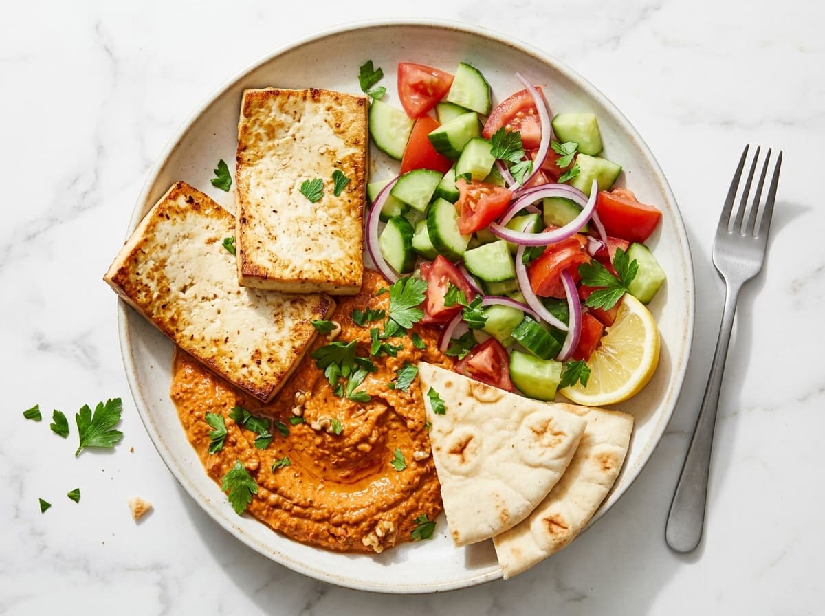 Muhammara Tofu Dip Plate - mediterranean dinner recipe