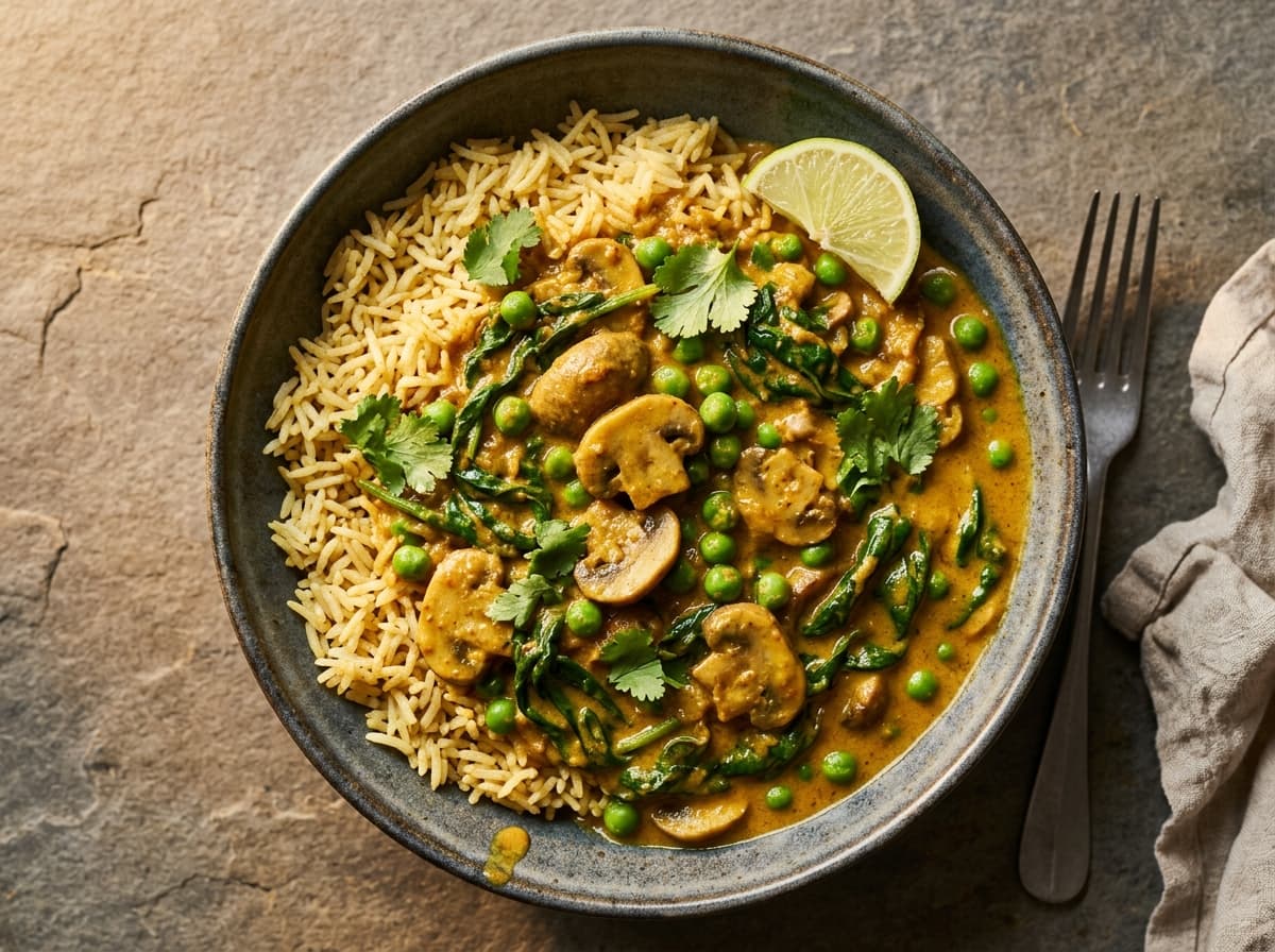 Mushroom Pea Curry & Rice - indian dinner recipe
