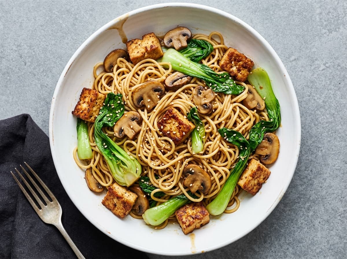Mushroom Tofu & Pak Choi Noodles - chinese dinner recipe