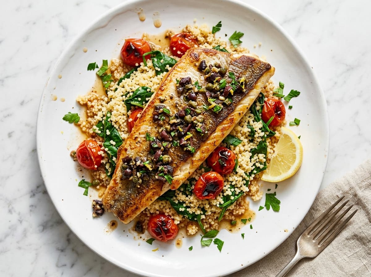 Olive Tapenade Sea Bass & Couscous - italian dinner recipe