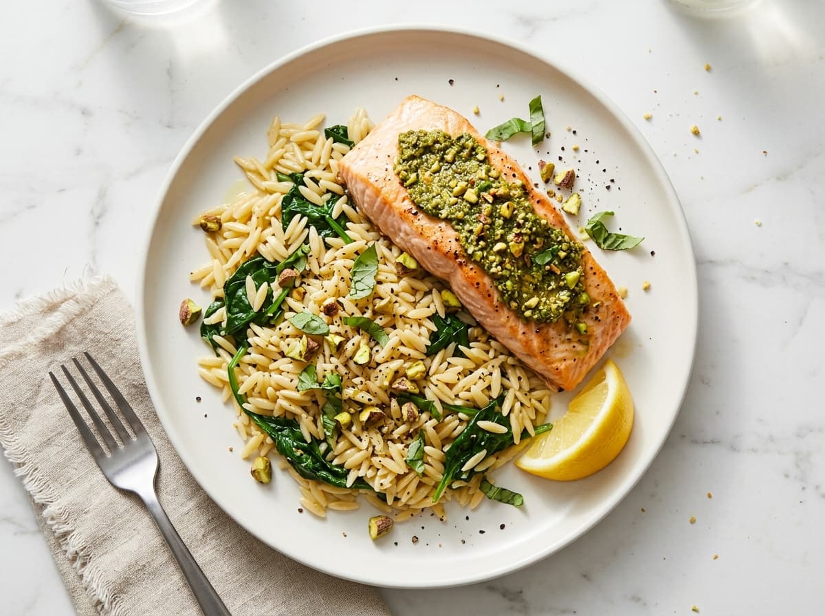 Pistachio Pesto Salmon & Orzo