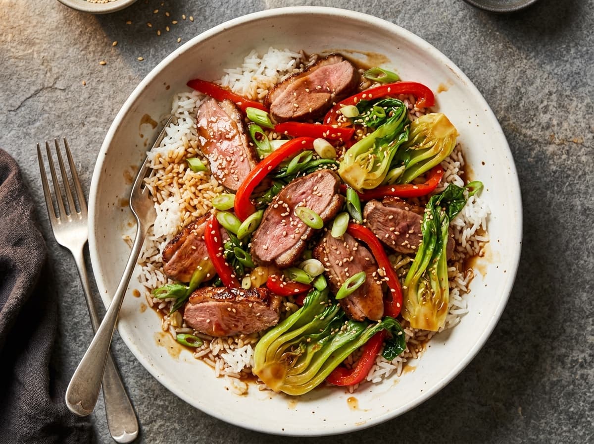 Plum Duck Stir-Fry & Rice - chinese dinner recipe