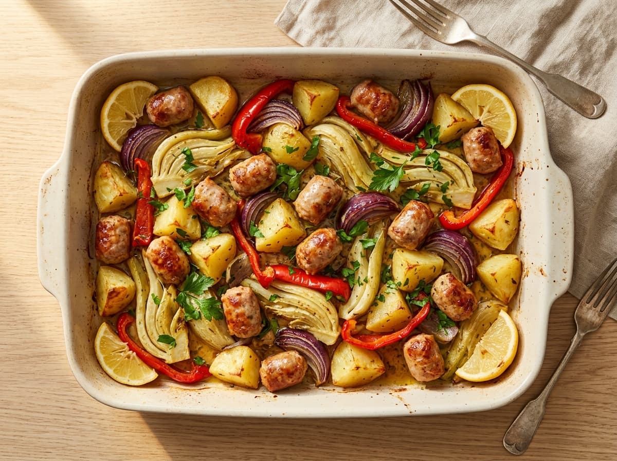 Pork & Fennel Sausage Traybake - mediterranean dinner recipe