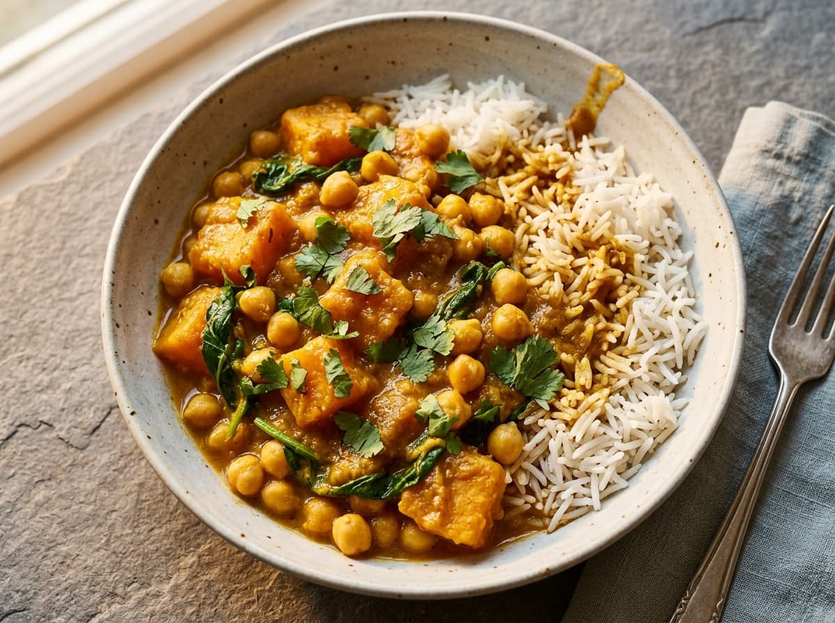 Pumpkin Chickpea Curry & Rice - indian dinner recipe