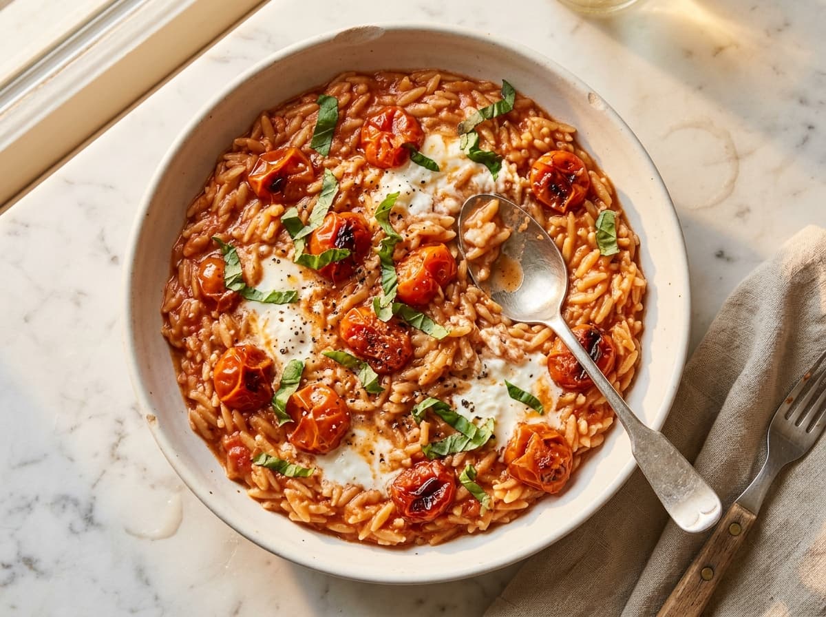 Roasted Tomato & Burrata Orzo - italian dinner recipe