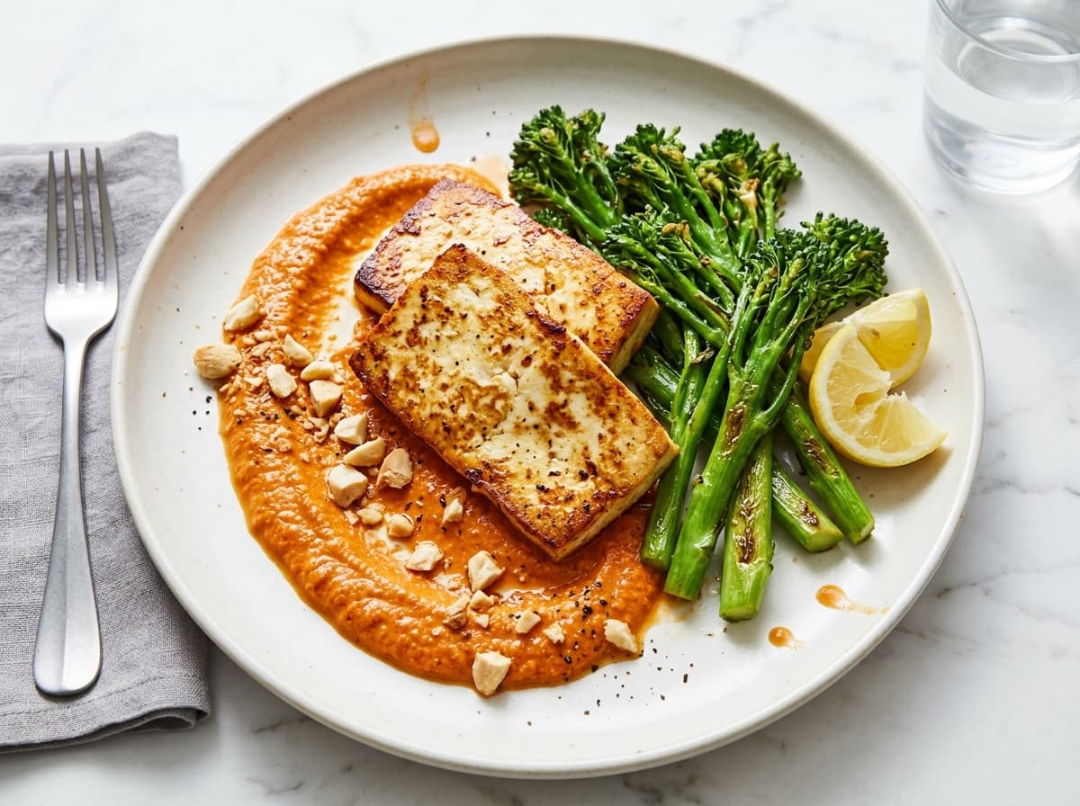 Romesco Tofu & Tenderstem - mediterranean dinner recipe