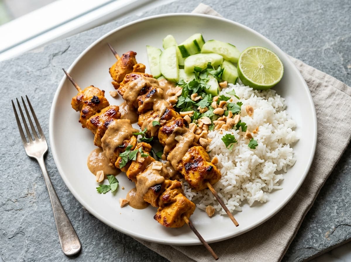 Satay Chicken Skewers & Rice - asian dinner recipe