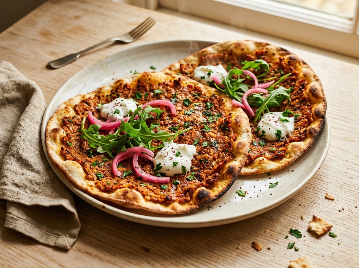 Spiced Lamb Lahmacun & Pickled Onion - middle_eastern dinner recipe