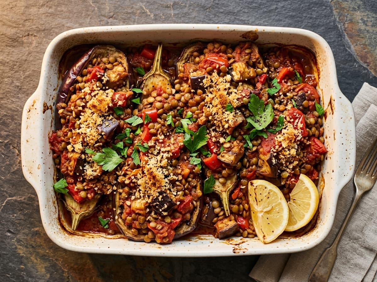 Spiced Lentil Aubergine Bake