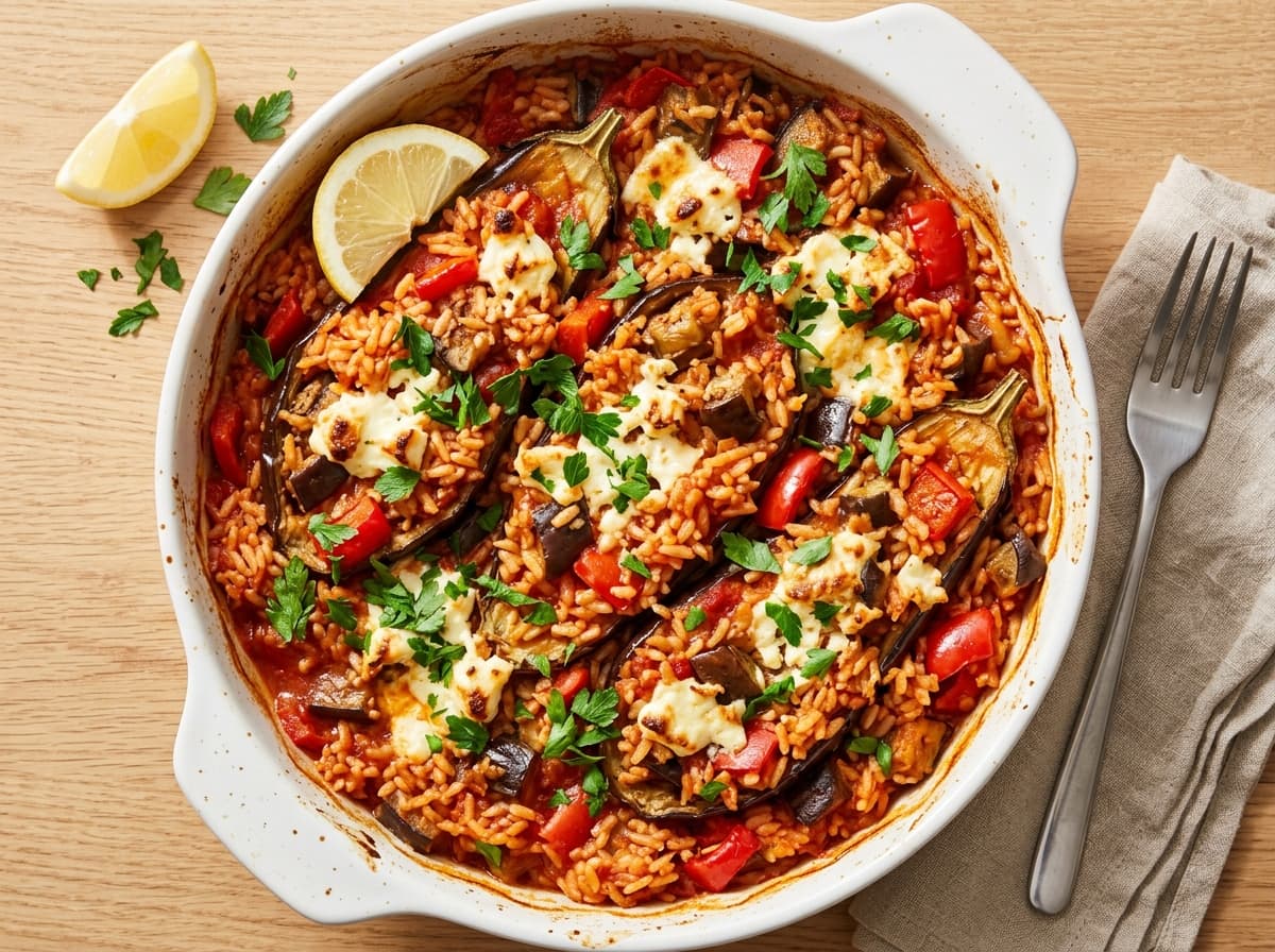 Stuffed Aubergine with Rice - greek dinner recipe