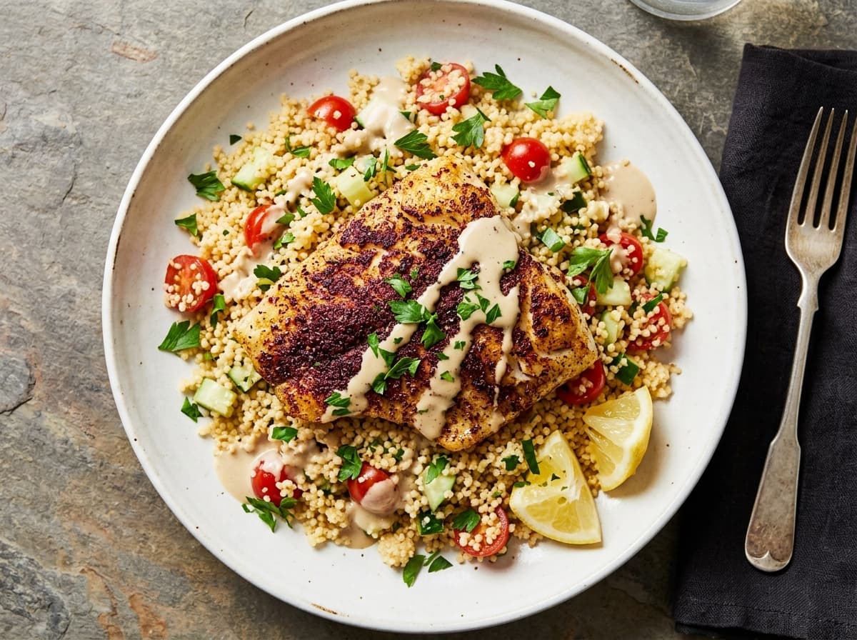 Sumac Fish & Tahini Couscous - middle_eastern dinner recipe