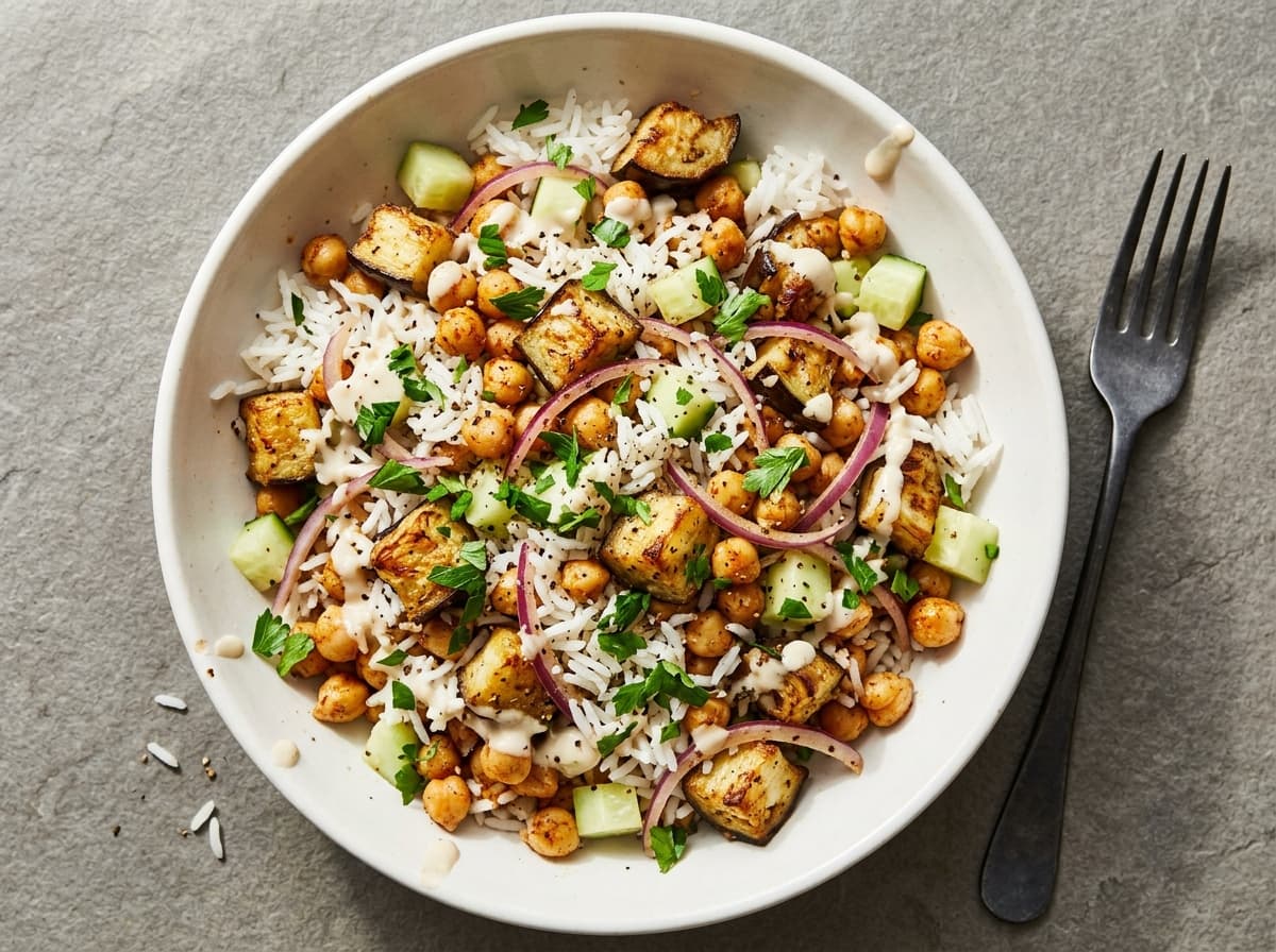 Tahini Aubergine Chickpea Bowl - middle_eastern dinner recipe