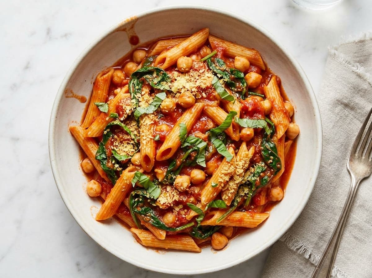 Tomato Chickpea Penne & Spinach - italian dinner recipe