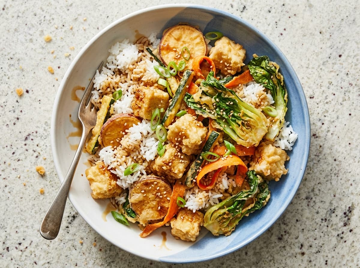 Vegetable Tempura Tofu Bowl - japanese dinner recipe